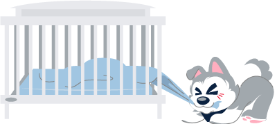 husky pulling blankets from crib